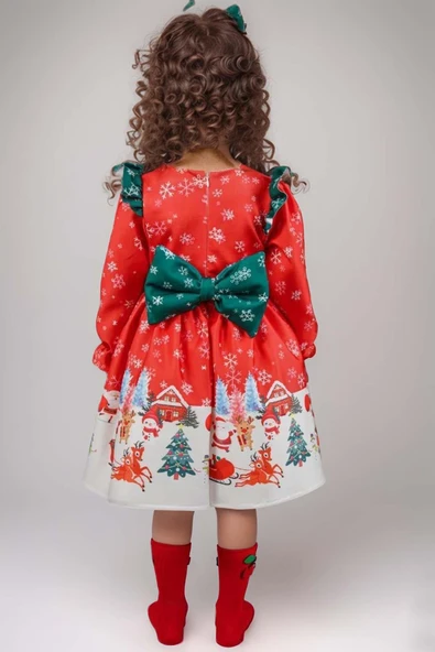Kız Çocuk Omuzları Fırfırlı Geyik ve Kar Tanesi Baskılı Kırmızı Noel Elbise - Resim 2