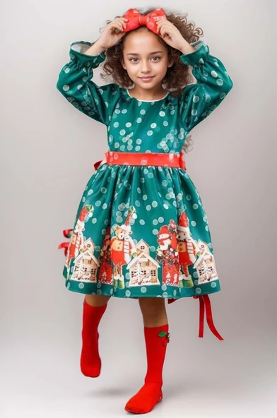 Kız Çocuk Üzeri Ev ve Ayıcık Desenli Beli Şerit Üzeri Puantiyeli Yeşil Noel Elbise ürün görseli