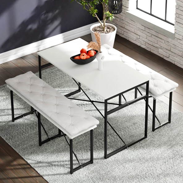 Eportatif Masa Takımı Minderli Bench Bank Masa Seti 120x60 Masa Mutfak Masası Yemek Masası Beyaz 1555 - 3