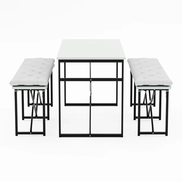 Eportatif Masa Takımı Minderli Bench Bank Masa Seti 120x60 Masa Mutfak Masası Yemek Masası Beyaz 1555 - 4
