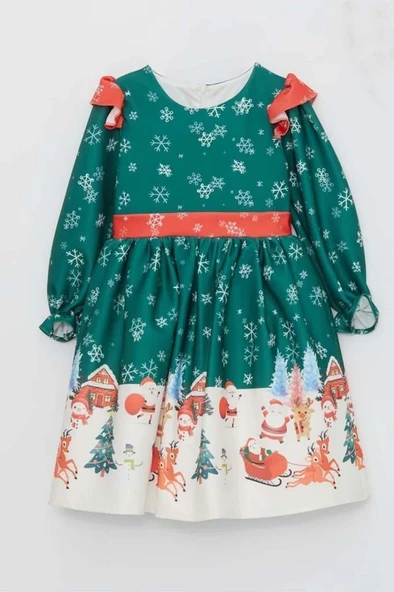 Kız Çocuk Omuzları Fırfırlı Geyik ve Kar Tanesi Baskılı Yeşil Noel Elbise - Resim 3