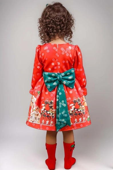 Kız Çocuk Üzeri Ev ve Ayıcık Desenli Beli Şerit Üzeri Puantiyeli Kırmızı Noel Elbise - Resim 2