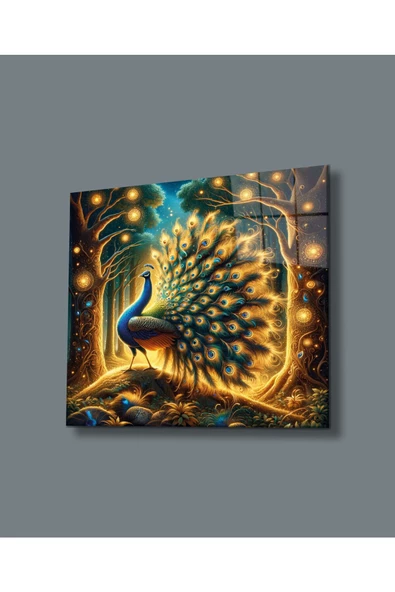 Tavus Kuşu Dekoratif ve Modern Cam Tablo Hediyelik Büyük Tablo Ev Ofis Dekoru - Resim 2