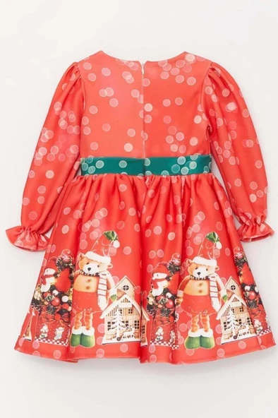 Kız Çocuk Üzeri Ev ve Ayıcık Desenli Beli Şerit Üzeri Puantiyeli Kırmızı Noel Elbise - Resim 4