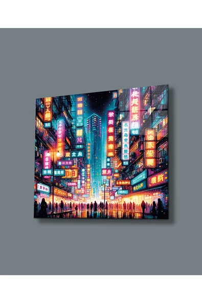 Neon Şehir Gece Yansımaları Dekoratif ve Modern Cam Tablo Hediyelik Büyük Tablo Ev Ofis Dekoru