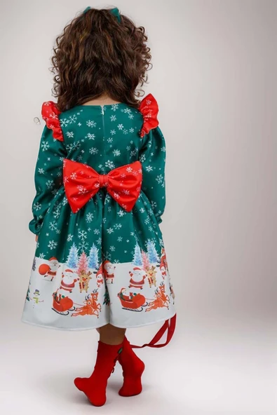 Kız Çocuk Omuzları Fırfırlı Geyik ve Kar Tanesi Baskılı Yeşil Noel Elbise - Resim 2