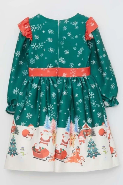 Kız Çocuk Omuzları Fırfırlı Geyik ve Kar Tanesi Baskılı Yeşil Noel Elbise - Resim 4
