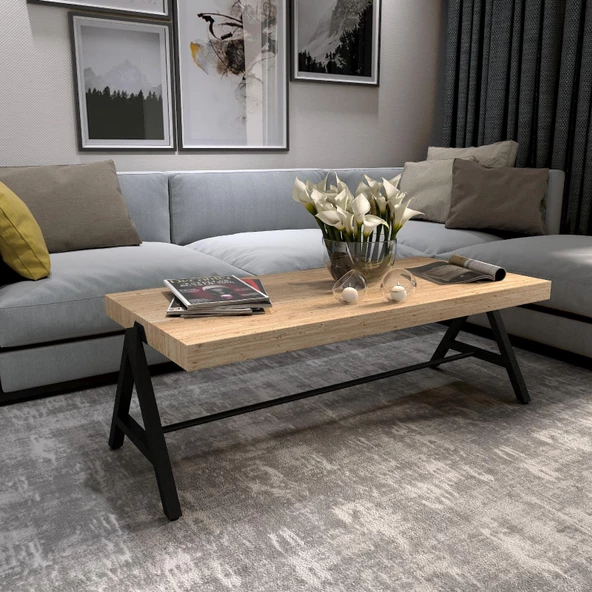 Dekoratif Ahşap Orta Sehpa Metal Sehpa Siyah - 2