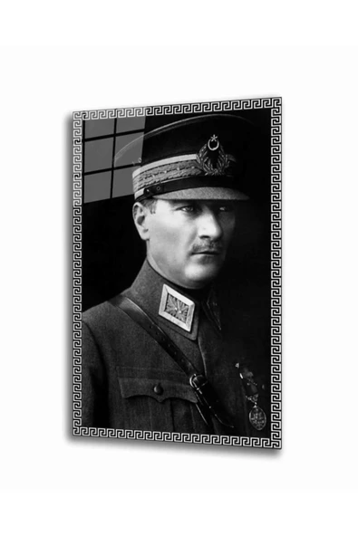 Siyah Atatürk Temalı  Dekoratif ve Modern Cam Tablo