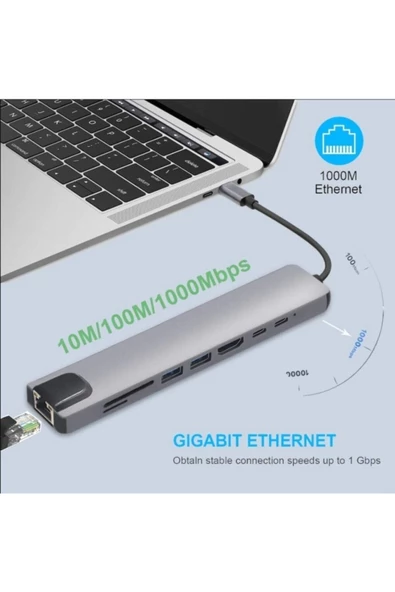 Pro Air Uyumlu Usb Type-c Hub Dönüştürücü Çevirici Çoklayıcı Usb Hdmı Micro Sd 8 Girişli