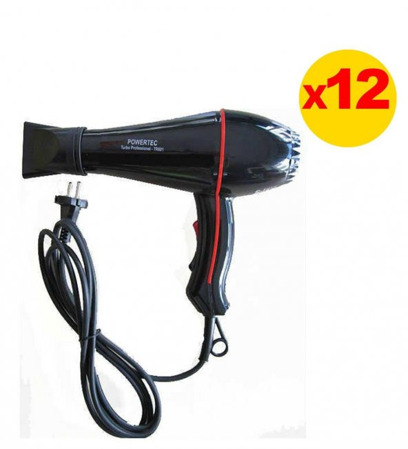 Powertec TR-601 12 Lİ SET Turbo Profesyonel 12 ADET SET 2500 W Saç Kurutma Makinesi Siyah