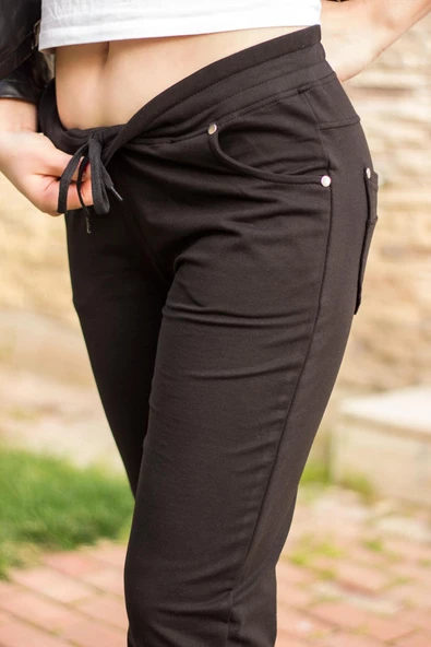 Kadın Siyah Ön Arka Cep Gizli İpli Lastikli Rahat Pantolon Eşofman Altı 21KESAPANT - 6