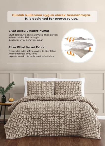 Evlen Home Collection Kadife Stacy Yatak Örtüsü Seti Çift Kişilik Elyaf Dolgulu Yumuşak 3 Parça - 2