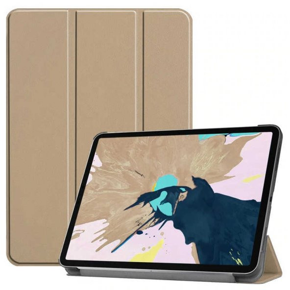 KNY Apple İpad Pro 12.9 2021 Kılıf Arkası Şeffaf Standlı Kapaklı Smart Case Gold