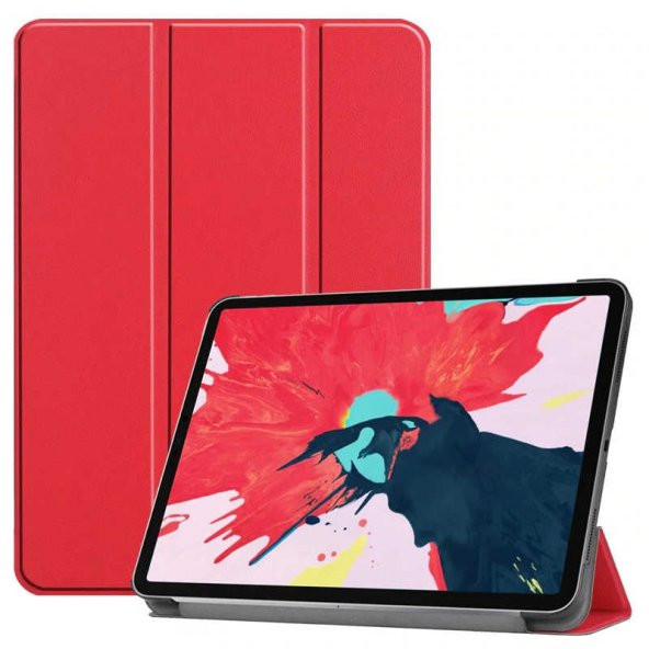 KNY Apple İpad Pro 12.9 2021 Kılıf Arkası Şeffaf Standlı Kapaklı Smart Case Kırmızı