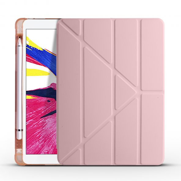 KNY Apple İpad Pro 12.9 2021 Kılıf Arkası Silikon Kamelikli Standlı Kapaklı Trifolding Kılıf Rose Gold