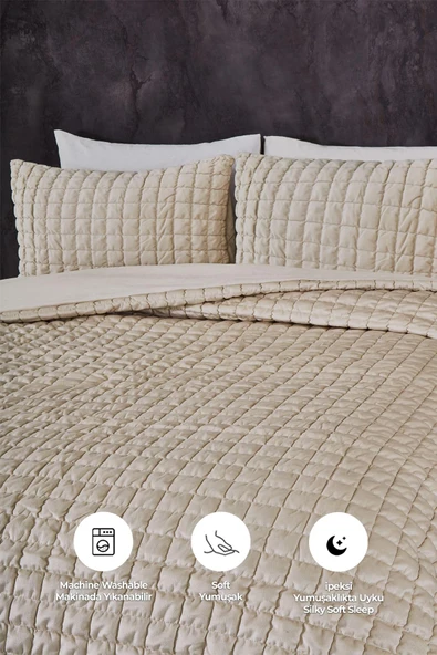 Evlen Home Collection Kadife Stacy Yatak Örtüsü Seti Çift Kişilik Elyaf Dolgulu Yumuşak 3 Parça - 3