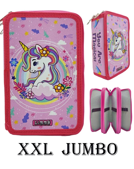 XL Jumbo Model Unicorn Bahar Kalem Kutusu Organizer Kalemkutu 3 Bölmeli Kalemlik Pembe