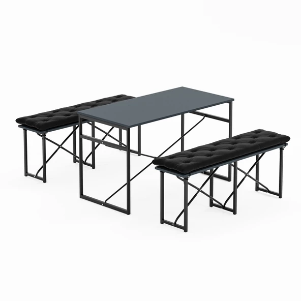 Eportatif Masa Takımı Minderli Bench Bank Masa Seti 120x60 Masa Mutfak Masası Yemek Masası Füme 1556 - 5