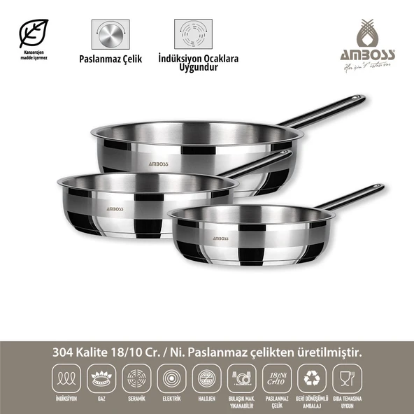 Lusigram 3 Parça Paslanmaz Çelik İndüksiyon Tabanlı Kapaksız Tava Seti - 5