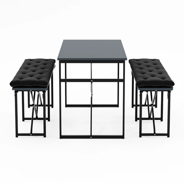 Eportatif Masa Takımı Minderli Bench Bank Masa Seti 120x60 Masa Mutfak Masası Yemek Masası Füme 1556 - 4