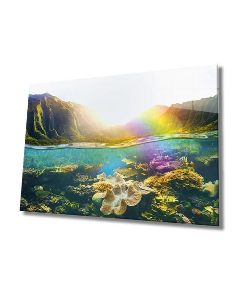 Gün Batımı ve Deniz Sualtı Dekoratif ve Modern Cam Tablo ürün görseli