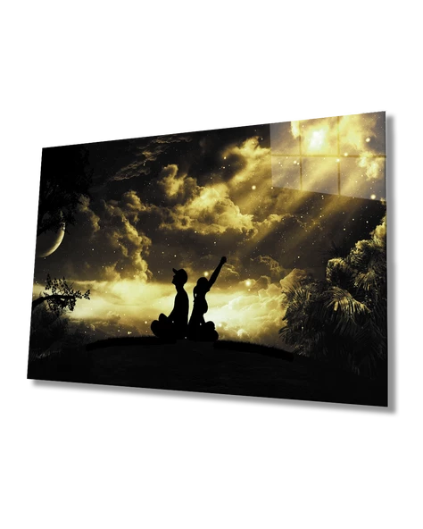 Yıldızlı Gecede İnsan Manzarası Dekoratif ve Modern Cam Tablo ürün görseli