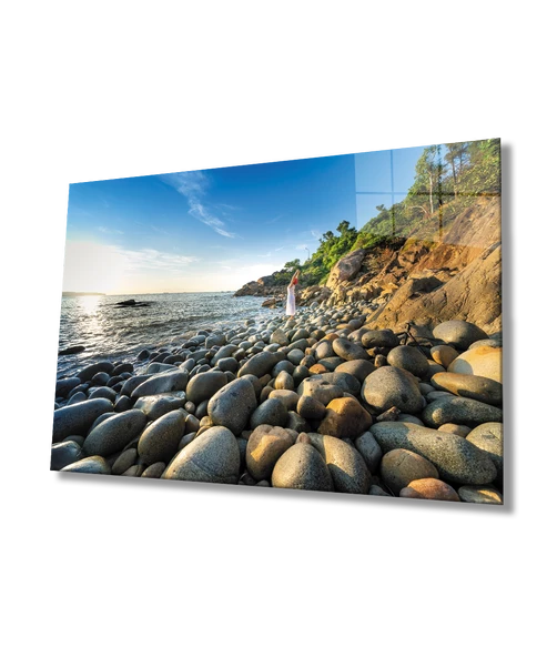 Deniz Kenarı Taşlar Kadın Yaz Dekoratif ve Modern Cam Tablo ürün görseli 1