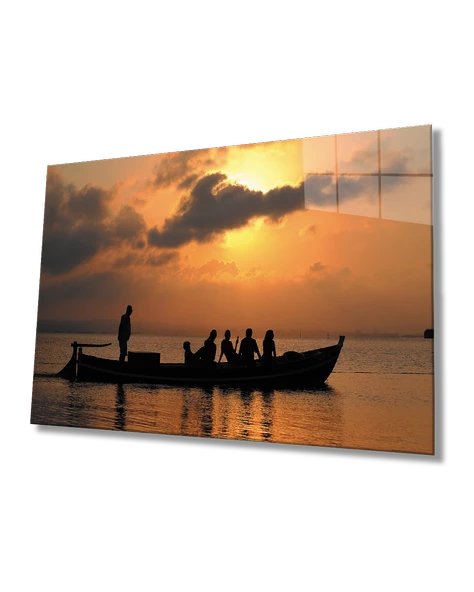 Gün Batımında Deniz Kayık Dekoratif ve Modern Cam Tablo ürün görseli