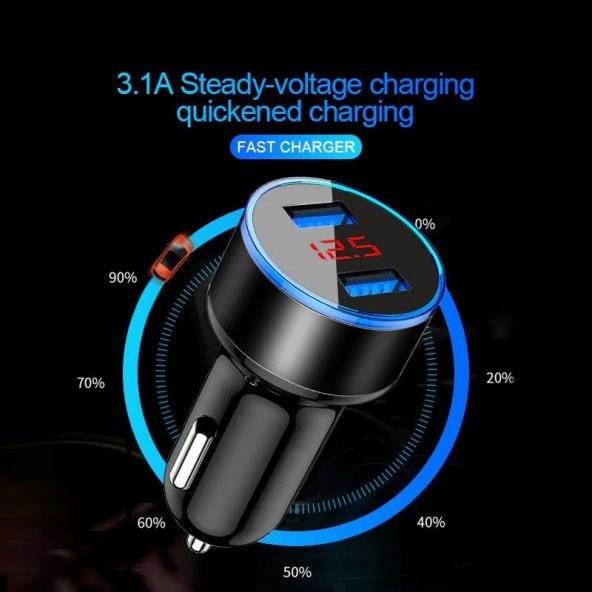 5V 3.4A Çift USB Portlu Araç Şarj Cihazı Dijital Lcd Ekran Oto Çakmaklık - 5
