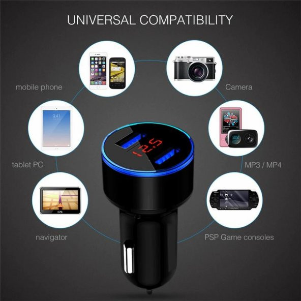 5V 3.4A Çift USB Portlu Araç Şarj Cihazı Dijital Lcd Ekran Oto Çakmaklık - 7