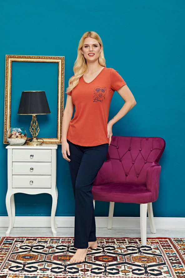 Kadın 2 Parça Kısa Kol Turuncu Renk Pijama Takımı - Bellamood Bayan Penye Pijama Takımı - 2