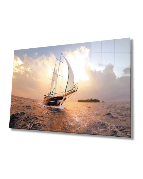 Gün Batımı Yelkenli Dekoratif ve Modern Cam Tablo    Sunset Sail Table