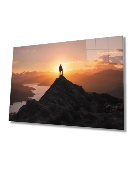Gün Batımı Irmak Dağ ve İnsan Manzarası Dekoratif ve Modern Cam Tablo
