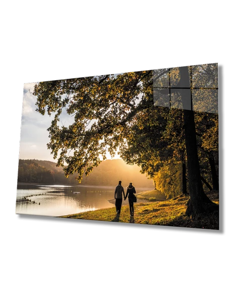 Gün Batımında Yürüyen Sevgililer Dekoratif ve Modern Cam Tablo ürün görseli 1