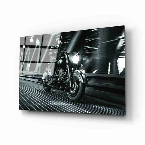 Fütüristik Motosikletli Adam  Dekoratif ve Modern Cam Tablo