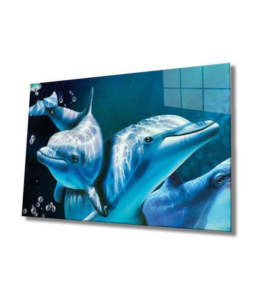 Yunus Balıkları Dekoratif ve Modern Cam Tablo Dolphins