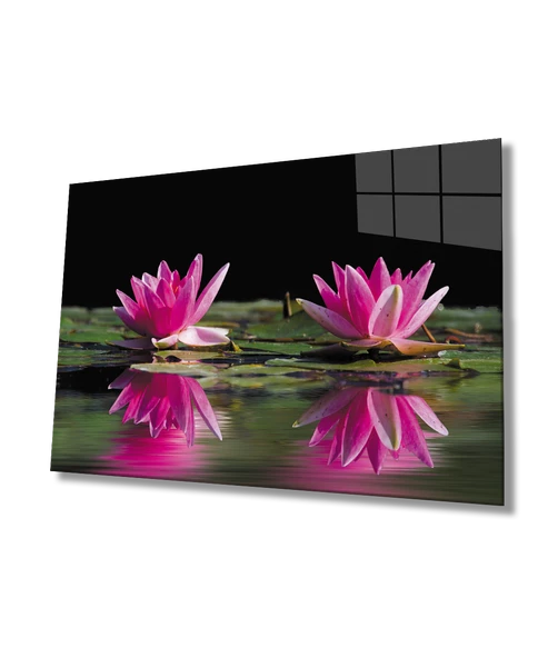 Pembe Lotus Çiçeği Dekoratif ve Modern Cam Tablo