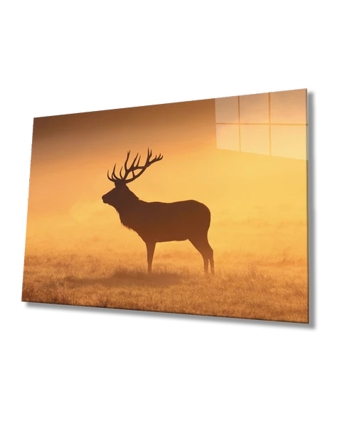 Gün Batımı Manzarasında Geyik Dekoratif ve Modern Cam Tablo ürün görseli
