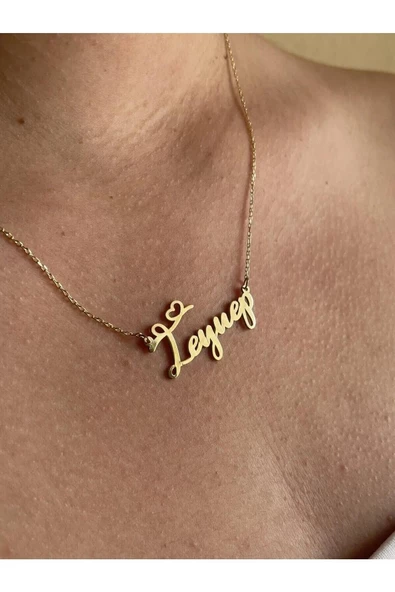 İsimli Kalpli Altın Gold 925 Ayar Gümüş Zincir Kolye Kişiye Özel Tasarım - 2