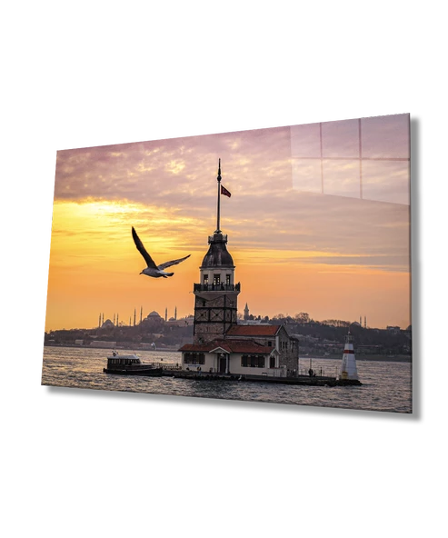 Gün Batımı Kız Kulesi Dekoratif ve Modern Cam Tablo   Sunset Maiden's Tower