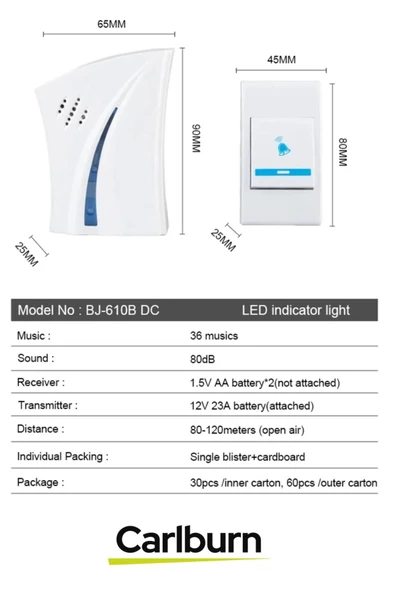 Lüks Pilli 12w Kolay Monte Edilen 100 Metre Uzaktan Kumandalı 24 Melodi Kablosuz Kapı Zili - 3