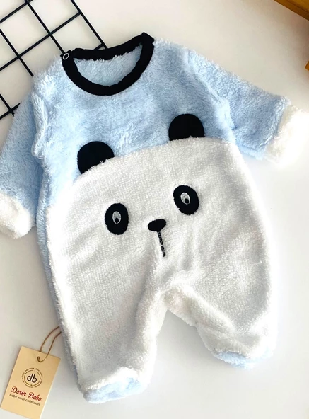 Neşeli Bebekler Panda Kabartma Desen Kendinden Patikli Welsoft Kumaş Tulum Mavi - 2