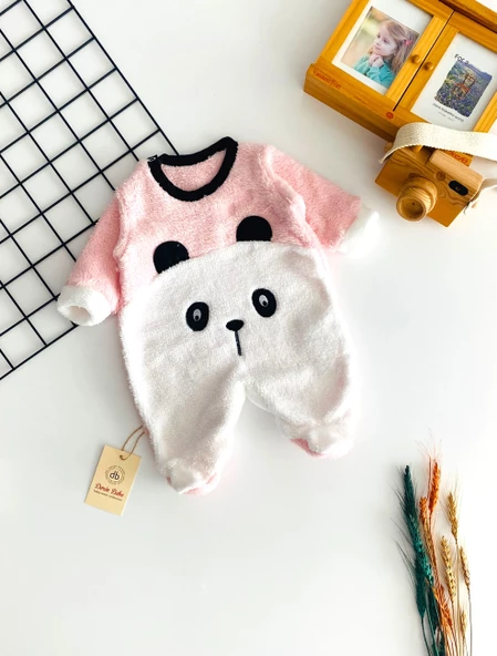 Neşeli Bebekler Panda Kabartma Desen Kendinden Patikli Welsoft Kumaş Tulum Pembe