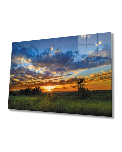 Gün Batımı Manzarasında Ağaç Yeşil Dekoratif ve Modern Cam Tablo ürün görseli
