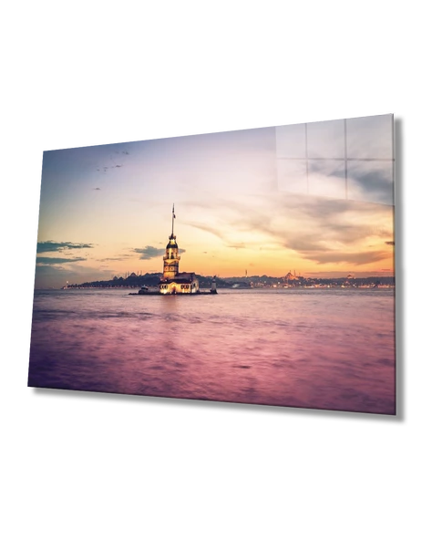 İstanbul Gün Batımında Kız Kulesi  Manzaralı Dekoratif ve Modern Cam Tablo ürün görseli