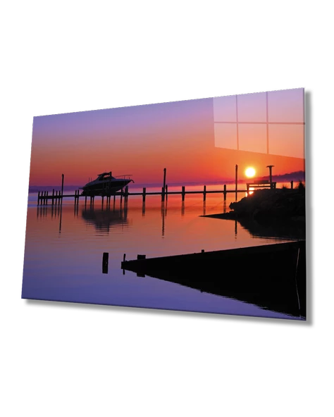 Gün Batımı Deniz İskele Dekoratif ve Modern Cam Tablo ürün görseli 1