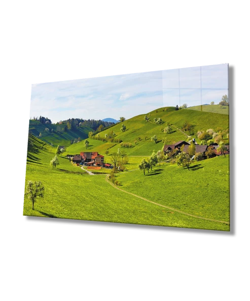 Dağ Ev Yeşil Dekoratif ve Modern Cam Tablo