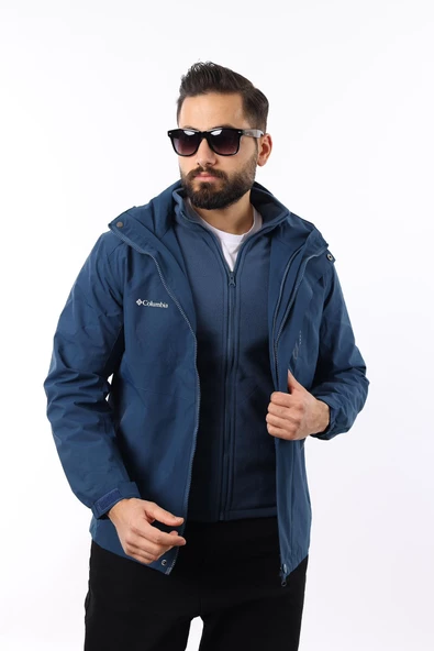 Erkek Mavi Polarlı Su Geçirmez Kapüşonlu Mont - Resim 7