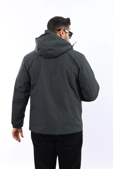 Erkek Antrasit Polarlı Su Geçirmez Kapüşonlu Mont - Resim 4